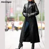 가죽 자켓 여성 긴 여성 의류 봄 솔리드 컬러 Steampunk 고딕 옷깃 바이커 자켓 여자 가짜 모피 코트 211007