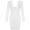 Autunno libero bianco manica lunga aderente Celebrity Club Party Dress donne sexy con scollo a V Back Zip Mini Vestido 210524