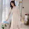 Elegant Pink Sequin Dress Midi Mesh Women Long Sleeve Fairy Spring Korean Wedding Party Clothing Ladies Y2k 210604