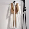 ドレススーツの女性大型春と秋のファッションネクタイリボンウィストコートミッドレングスシャツドレスツーピース220302