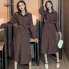 Autumn Laple Cardigan Long Dress Women's Sleeve Female Single-breasted Waist Belt Slim Solid Korean 1 210508