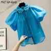 MATAKAWA mode femmes hauts industrie lourde perlée manches bouffantes Blouses chemise transparente maille haut décontracté Blusas Mujer De Moda 210513