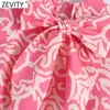 Zevity Women Vintage Stand Collar Graffiti Print Short Blouse Female Chic Back Bow Tied Casual Shirt Crop Blusas Tops LS9384 210603