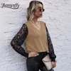 Koronka V-Neck Patchwork Black Bluzka Kobiety Wiosna Lato Z Długim Rękawem Eleganckie Biuro Lady Solid Loose Bluzki Topy 210510