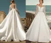 Abito da sposa moda trasparente scollo rotondo maniche lunghe abiti da sposa in raso cintura con perline applicazioni A Line Robe De Mariee