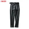 Tangada Damen schwarze Kunstleder-Anzughose, hohe Taille, Schärpentaschen, Büro-Damen-PU-Lederhose 6A05 210609