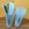 Starbucks 24oz/710ml Disposable Cups Plastic Tumbler Reusable Clear Drinking Flat Bottom Cup Pillar Shape Lid Straw Mugs Bardian 50pcs