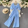 Kobiety Polka Dot Rompers Korean V Neck Backless Sleeve Sumpsuits Summer Chic Elastyczne Ruche Rompers 210715