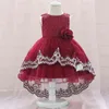 Red Trailing Lace Elegante Bautizo Princesa Niño Cumpleaños Bebé Niña Fiesta Vestido de fiesta Vestido Recién nacido Niños Bautismo 1 año G1129