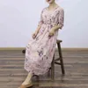 Johnature Women Bandaż High Waist Sukienki Ramie V-Neck Siedem Rękawem Loose Drukuj Kwiatowe szaty Wiosna Kobiet Suknie Vintage 210521