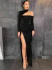 Adyce Elegant Women Evening Maxi Dress 2022 New Sexy Long Sleeve Hollow Out High Split Celebrity Fashion Club Party Dress Outfit Y220214