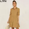 Venda Especial Primavera Moda Mulheres Camisa Vestido de Manga Longa Único Breasted Sólido Elegante Casual Tecido Grande Bem Vestidos 210427