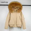 Lagabogy Énorme Réel Fourrure De Raton Laveur Femmes Hiver À Capuche Court Chaud Vers Le Bas Parkas Femme 90% Duvet De Canard Blanc Manteau Doublure Amovible 211130