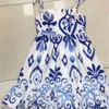 DEAT summer fashion women clothe straps slash color high waist knee length printed dress vacation vestido WR36905L 210428