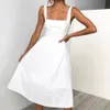 Elegant Stretch Back High Waist A Line Dress Summer Casual Sleeveless Minimalist White Black Midi Dress Beach Party Sundress 210518