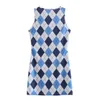Vuwwyv夏のドレス女性白い青い幾何学的なプリントタンクのドレス女性のファッションノースリーブのカジュアルなミニレディース210430