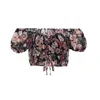 Summer Women Lantern Short Sleeve Floral Print T-shirt Slash Neck Crop Top Ladies Strapless Backless Drawstring Skinny Tops 210608