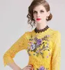 Yellow Lace Dress Summer Women's Elegant Embroidered Flowers Office Casual Slim Sexy Party Dresses Vestidos 210520