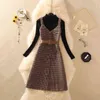 Tweedelige jurk set vrouwen herfst winter solide basis trui en mouwloze knielengte plaid tweed jurken pakken met riem 211108