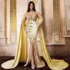 2022 Nieuwe gouden zeemeermin avondjurken Applicaties kralen Prom jurken met sjaals lange mouwen Formele partij High Split Evenement EE