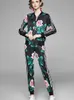Autumn Winter Runway 2 Piece Womens Sets Vintage Floral Print Zipper Long Sleeve Jacket Coat + Pants Tracksuits Outfits 210529