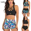 Wikonfly High Waist Bikini Zestaw Z Szorty Swimsuit Kobiety Wyściełane Kwiatowy Sport Swim Push Up Crop Top Swimwear Kostium kąpielowy 210712