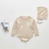 春の赤ちゃんの女の子のボディスーツ編み猫キャップ生まれの甘いスタイルの子供服E18 210610と長袖ジャンプスーツ