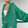 Осень зима V-вырез Свободные принт вязаные кардиганские Женщины Зеленые Y2K Мода Негабарита с Sashes С Длинным Рукавом Повседневный свитер 211007