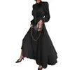 여성 드레스 기질 나비 넥타이 맥시 긴 소매 높은 허리 큰 헴 숙녀 ES 검은 붉은 가을 210524