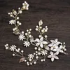 Hårklämmor Barrettes Golden Leaf Crystal Pearls Flower Bride Vine Bridal Headbands For Women Wedding Engagement Smycken Tillbehör