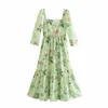 Abiti Bianco Verde Stampa floreale Ruffle Midi Donna Manica lunga Pieghettato Elegante Donna da festa Vintage Estate 210430