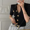 Gagarich Woman Chic Cardigan Summer Elegant Temperament O-neck Big Button Design Slim Solid Versatile Female Short Knitting Top 210805