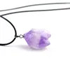 Natural Amethyst stone necklace Irregular Pendant Leather Jewelry Handmade for Girl