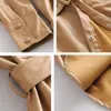 Printemps automne femmes Pu Faux cuir veste col de chemise simple boutonnage manteau Slim Fit épais moyen Long Outwear avec ceinture 210430