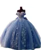 2021 Light Blue Quinceanera Dresses Ball Gown Off Shoulder Lace Crystal Beads Pearls With Flowers Tulle Plus Size Sweet 16 Party Prom Gowns Corset Back With Bow