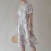 Johnature Frauen Chinesischen Stil Kleid Ramie Stand Kurzarm Cheongsam Sommer Druck Floral A-Linie Taste Kleider 210521