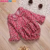 Cute Floral Printed Romper Dziewczynek Ubrania Ruffles Długi Rękaw Kombinezon Romper Toddler Urodzony stroje Zestaw 210713