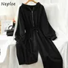 Hooded Zip Drawstring Slim Waist Bodysuit Autumn Simple Korean Women Jumpsuit Solid Color All-match Romper for 210422