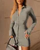 2021 NEW SPRIST AUTURN WOMNEDED BELL SLIE SLIES SLIT SHIRT DRESS OFFICE LADY OUTFITS TURN DOWN COLLAR MINI CLUB DROSE VESTIDOS 210320