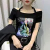 Cotton T-shirts Women Casual Sequined ops ee Summer Female Short Sleeve Halter Off-the-Shoulder 03601B 210421