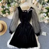 Neploe Mesh Patchwork Slim Talia Sexy Backless Lace Up Dress Square Collar Bow Dot Femme Vestidos Fashion Velvet Sukienki Kobiety 210423