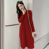 Autumn Winter High Quality Knit Long Dress Women Casual Butoon V-Neck Slim A-Line Sweater es Office Lady Midi 210529