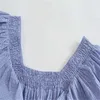 Za Женщины обрезанные рюшами верхняя часть короткого слоеного рукава квадратный шеи плед синий летняя блузка женщина шикарная эластичная винтажная свободная рубашка 210602