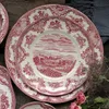 England Classical Pink Castle Style Porcelain Dishes & Plates Red Manor Garden Dinner Plate Ceramic Kitchen Plate BBQ Dessert Cake Dishe Pizza Fruit Tray