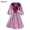 Neploe Retro Einfache Oansatz Capes Kleid Frauen Herbst Neue Laterne Hülse Kleid Einfarbig Elegante Femme Vestidos 1F730 210423