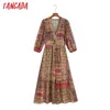 Tangada Moda Kobiety Paisley Kwiaty Drukuj Rocznika Sukienka Z Długim Rękawem V Neck Plised Tunika Midi Dress 6Z74 210609