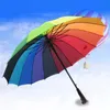 Stor regnbåge paraply Vindskyddad Fast färg Långt handtag Automatisk Paraplyer Stark Frame Vattentät 16 Ribs Business Gift Custom Logo Kvinnor Män TR0059