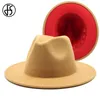 FS 61cm Gray Red Patchwork Wool Felt Jazz Fedora Hats For Women Unisex Wide Brim Panama Party Trilby Cowboy Cap Men Gentleman 2021