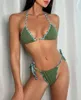 Sexy tanga verde biquíni feminino maiô feminino banho de duas peças conjunto alta perna corte banhista halter maiô natação feminino gtju