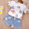 2t meninas roupas conjuntos de verão toddler korea estilo flor colarinho listrado t-shirt + denim shorts 2 pcs crianças 210528